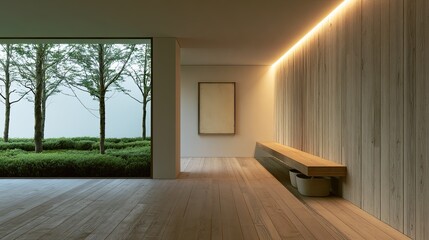 Fototapeta premium Serene interior with minimalist decor and a large window overlooking lush greenery