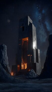 Lunar Monolith Ancient Future Structure Amidst Cosmic Starfield Cinematic Landscape Design