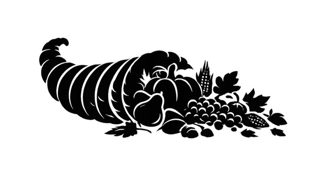 Black silhouette of cornucopia with fruits and vegetables on white background