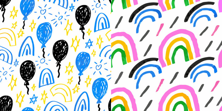 Colorful pattern of balloons and rainbows childlike hand drawn style
