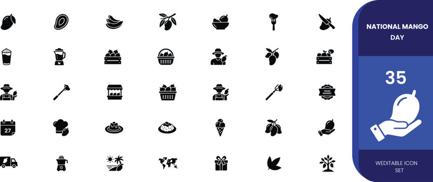 National mango day icon set 35 editable icons for mango lovers vector illustration.