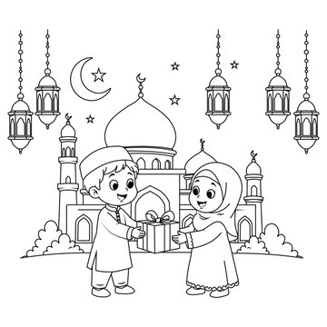 Muslim Children Exchanging Eid Gifts Outside Cute Cartoon Mosque Line Art