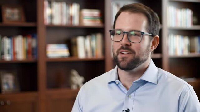 Young caucasian man, 30s, beard, glasses, crisp light blue shirt, talks & smiles in mcu video with soft lighting. Blurred bookshelf background. Concept of intellectual engagement