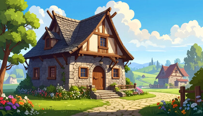 Obraz premium Countryside stone cottage with winding lane. Pastoral village home for property and tourism design. Bright rural retreat framed by flowers and open fields