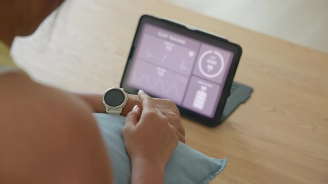 Agentic AI smart IOT watch sport wrist wear collect bio ECG heart rate data sleep record health care device digital internet of things app. Asia people woman urban tech life better home future living.