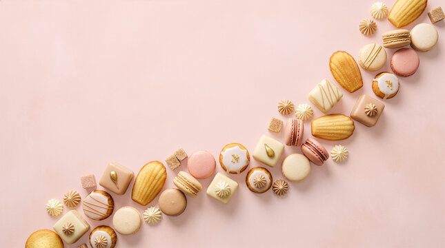Assorted French pastries including macarons and madeleines arranged in a wave on a pink background with copy space
