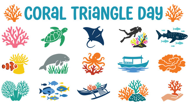 Coral triangle day set with sea creatures and ocean environment elements.
