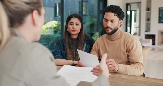 Financial advisor, meeting and document with couple in home together for budget review or debt planning. Paperwork, conversation and bad news with people in house for finance or wealth management