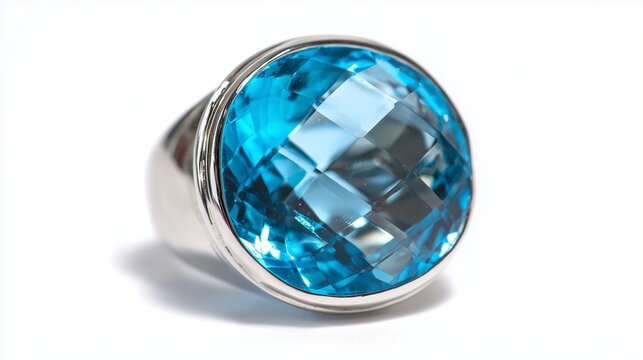 Blue topaz ring, sky blue gemstone in white gold, macro jewelry shot