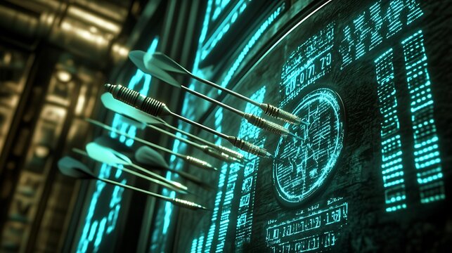 Dart arrows hitting center of a glowing digital target representing precision business strategy and accurate data analysis performance goals