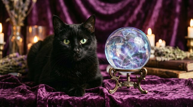 Black cat sitting next to a glowing crystal ball on a purple velvet fabric. Fortune telling and magic divination concept. Spiritual mystical scene with esoteric light and mystery.