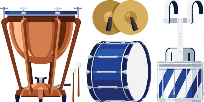 Percussion Instrument Collection Vector Illustration Featuring Timpani Bass Drum Snare Drum and Cymbals for Marching Band Music