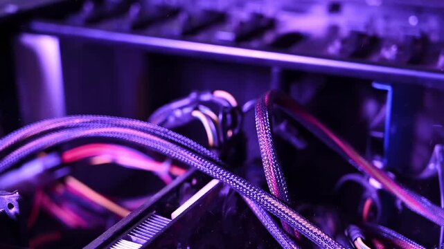 Internal view of custom gaming desktop computer case featuring vibrant purple led lighting and black sleeved power cables.