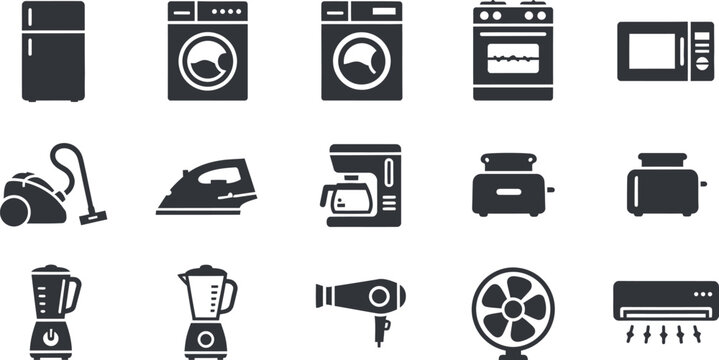 Home appliance icons set with washing machine vacuum cleaner coffee maker hair dryer appliance