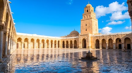 Fototapeta premium The majestic Great Mosque of Kairouan courtyard in Tunisia, featuring its iconic minaret, intricate arcades, and reflective pavement under a clear blue sky, evoking ancient beauty.