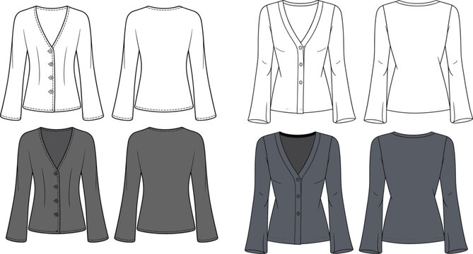 Set of v-neck button-up cardigan jacket fashion flat sketches featuring flared long sleeves in professional vector line art.