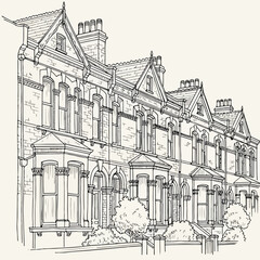 Fototapeta premium Victorian Terraced House Architecture Line Art Vector Illustration