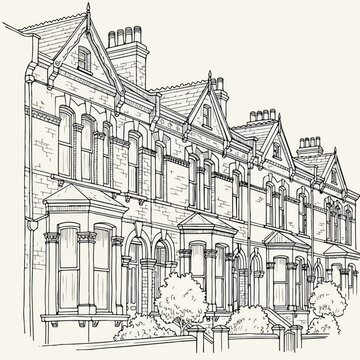 Victorian Terraced House Architecture Line Art Vector Illustration