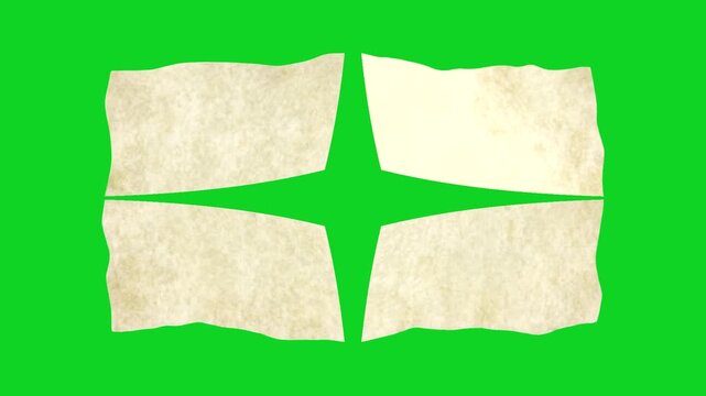 Old wide vintage parchment banner torn edges revealing animated on a green screen chroma key background. It gives a high quality professional template design element for video compositing motion