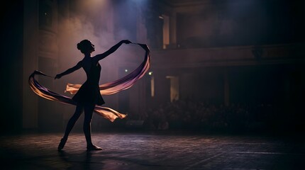 Female ballet dancer performing graceful choreography with silk on stage