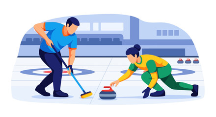 Fototapeta premium Curling team sliding stone on ice rink, winter sport competition illustration