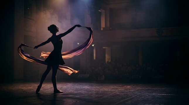 Female ballet dancer performing graceful choreography with silk on stage