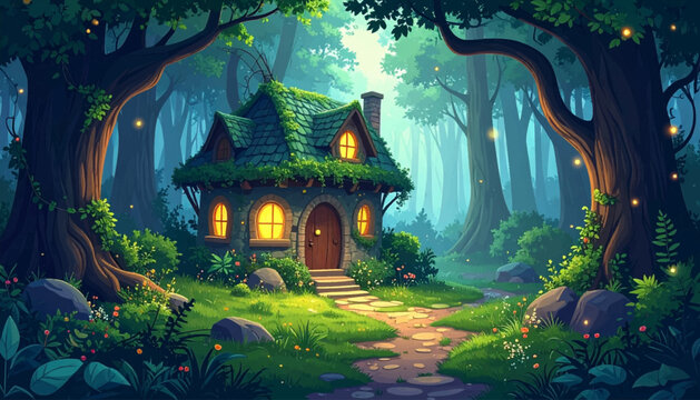 Green forest cottage with glowing windows and garden trail. Magical moss home for cozy fantasy illustration. Quiet woodland shelter surrounded by old trees