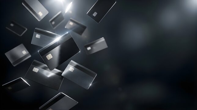 Floating black credit cards in mid-air against a dark background for sales