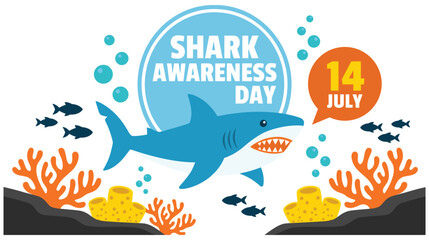 Shark awareness day with colorful coral reef and blue shark. © abedin