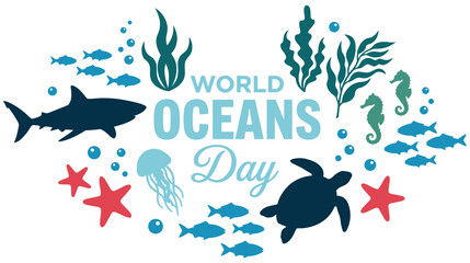 World oceans day design with marine life and colorful underwater elements. © abedin