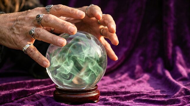 Woman fortune teller with hands over a glowing crystal ball. Mystic clairvoyant predicting future with magic orb. Esoteric concept with spiritual psychic ritual and occult session.