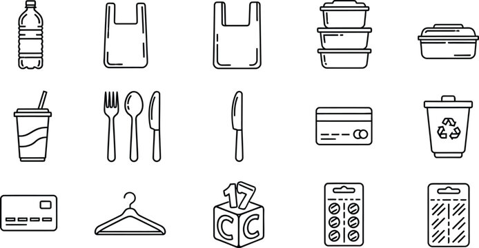 Disposable and reusable item icons set with blister pack line art eco friendly single use