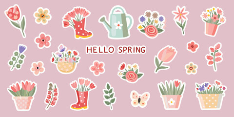 spring floral sticker collection with flowers and gardening elements © Sabuj