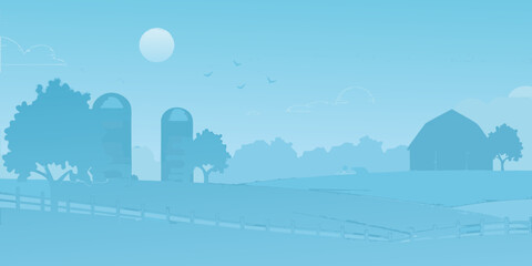 blue monochromatic farm landscape with silos and barn © Sabuj