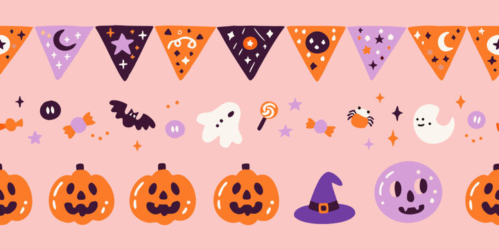 halloween seamless pattern with pumpkins ghosts and festive flags