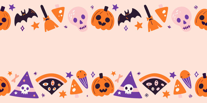 halloween border with pumpkins bats and witch hats repeating pattern