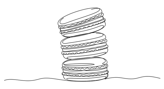 Continuous line art of stacked macarons on white background