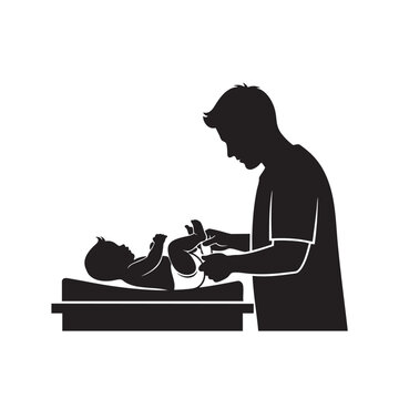 Silhouette of father changing diaper of newborn baby on table