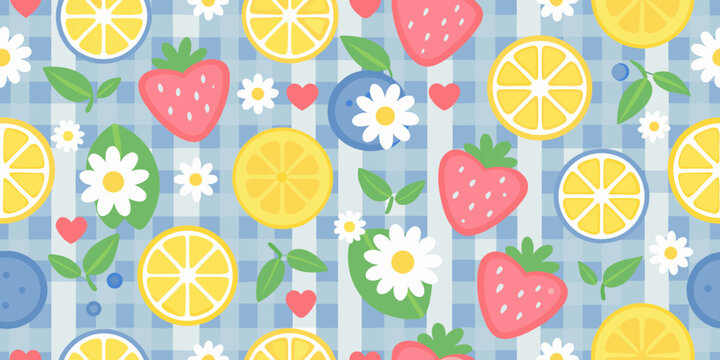 fruit pattern with strawberries lemons and blueberries seamless repeat