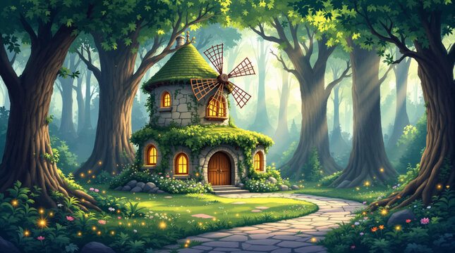 Stone wind mill house glowing beneath giant forest trees. Mossy round cottage with wooden blades and firefly sparks. Enchanted mill scene for fantasy game background
