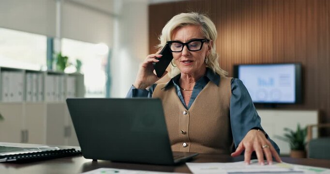 Business, woman and phone call with document in office for discussion, finance report and inquiry. Mature person, laptop and talking with mobile for audit, financial paperwork and investment proposal