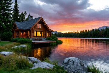 Fototapeta premium Log cabin with sunset reflection on mountain lake