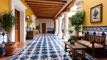Fototapeta premium Mexican hacienda interior design featuring Talavera tiles and wooden beams