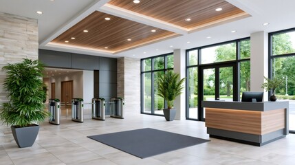 Fototapeta premium Modern office building lobby with turnstiles and reception desk