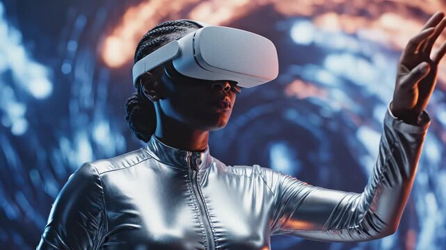 Woman wearing VR headset interacting with virtual space emphasizing network speed and cloud computing
