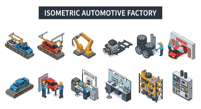 Isometric automotive factory elements and industry processes collection