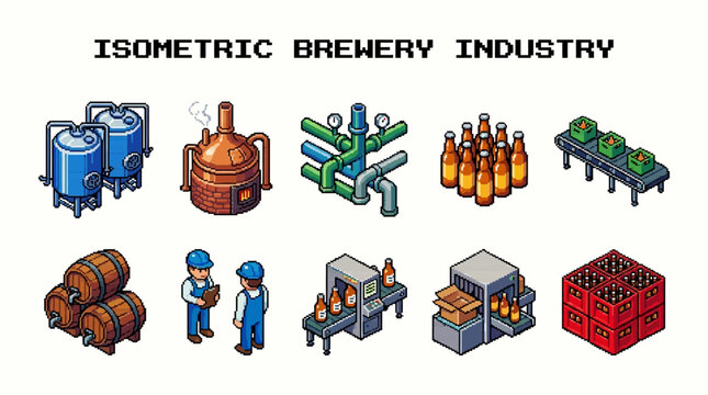 Isometric brewery industry elements production line, fermentation tanks, bottling and packaging equipment, and barrels