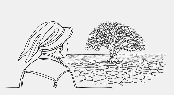 Lone figure observes barren tree in cracked landscape, outline art