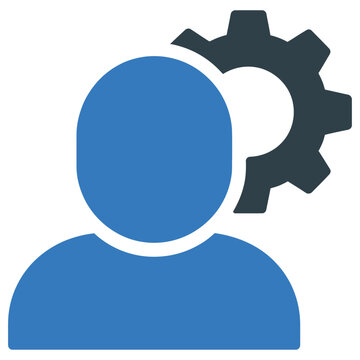 Blue vector silhouette of a person with a gear icon symbolizing settings or customization