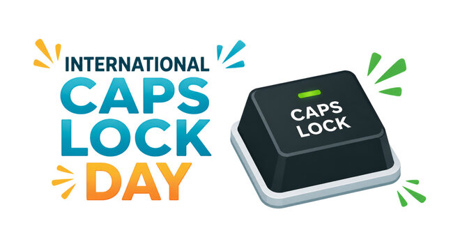 International Caps Lock Day vector illustration with glowing keyboard key icon, colorful typography and digital communication design isolated on transparent background